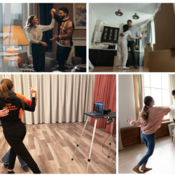 4 Bilder in einer Collage, 3 Paare tanzen Zuhause, Traiiner Tanzen im Studio vor einem Bildschirm